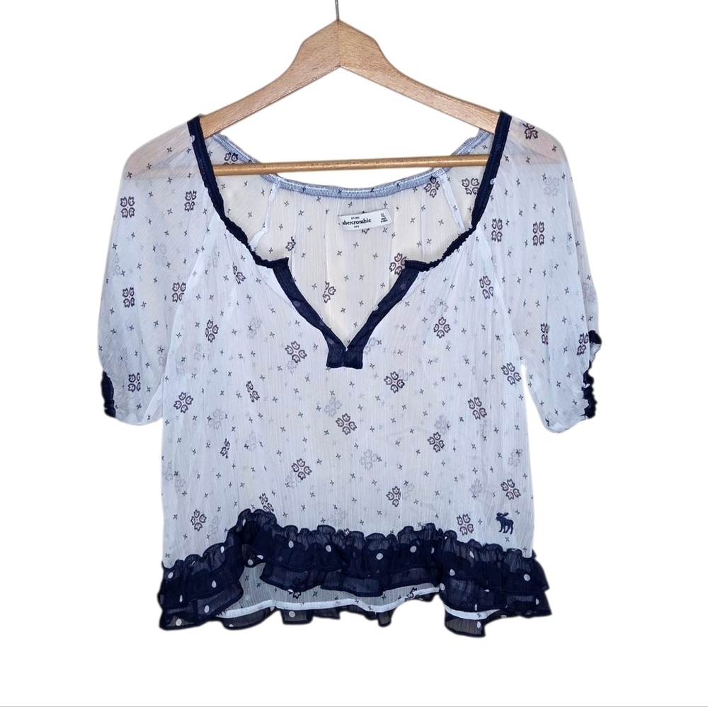 Y2K Abercrombie Kids | Sheer Boho Navy White Pink Peasant Blouse Girls Size XL